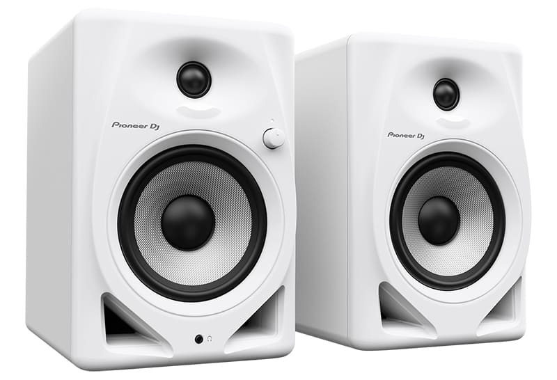 Three quarter view of the white Pioneer DM-50D studio monitors.