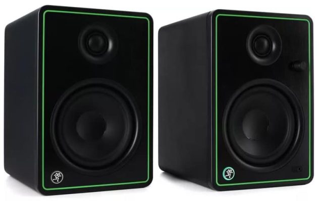 Three quarter view of the Mackie CR5XBT studio monitors