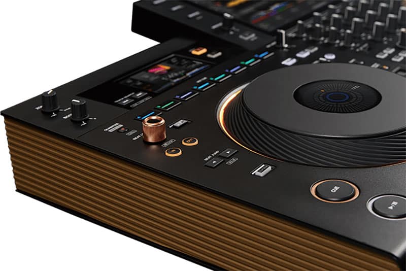 Side view of the Pioneer DJ OPUS-QUAD DJ controller.