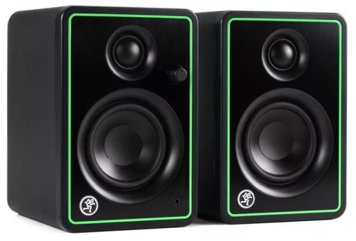 Three quarter view of a pair of Mackie CR3-X studio monitors.