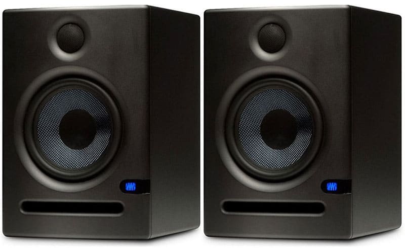 Three quarter view of a pair of PreSonus Eris E5 studio monitors.