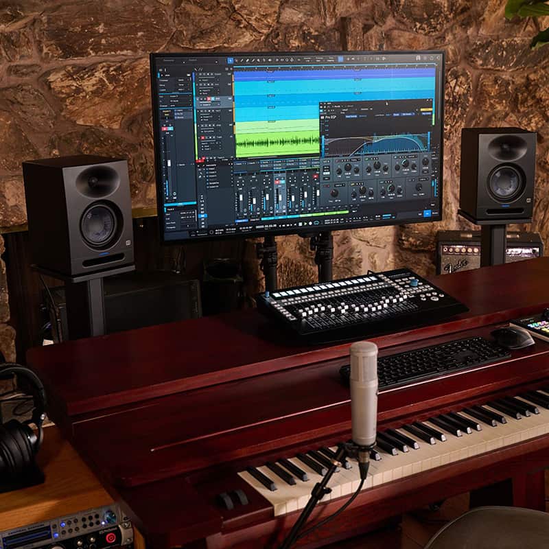 A pair of PreSonus Eris Studio 5 studio monitors in a professional studio.