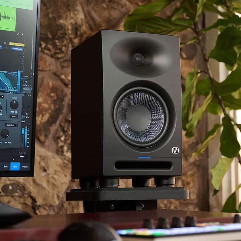 Close-up of the PreSonus Eris Studio 8 sitting on a studio monitor stand.