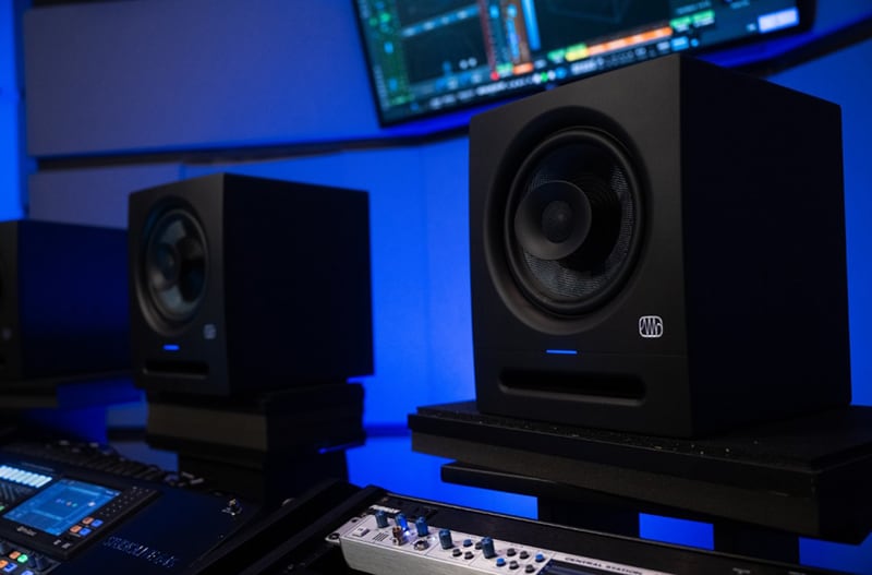 PreSonus Eris Pro 8 studio monitors in a studio.