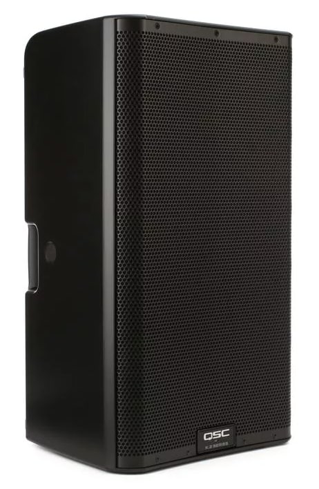 Three quarter view of the QSC K12.2 speakers