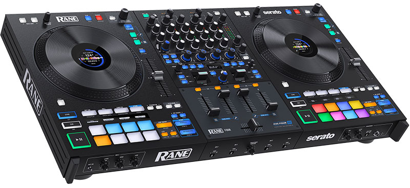 Three-quarter view of the Rane Four DJ Controller.