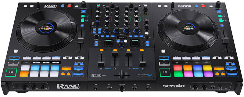 Front angle view of the Rane Four DJ controller.