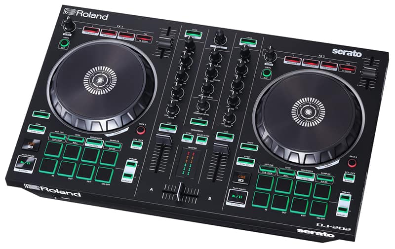 Three quarter view of the Roland DJ 202 DJ controller