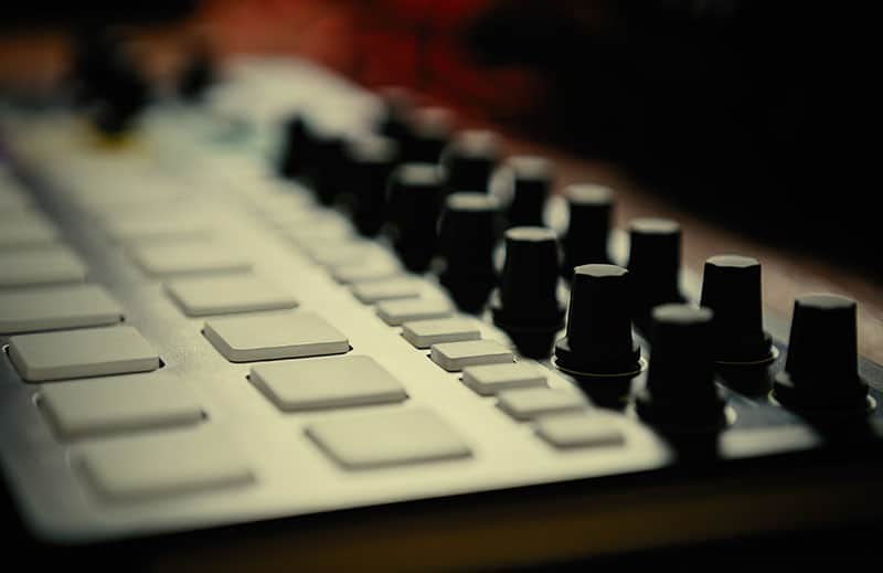 Close up photo of a MIDI drum machine.