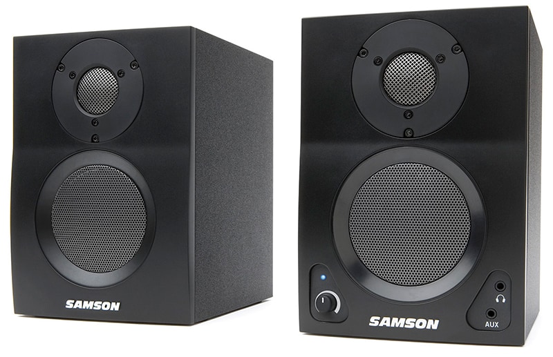 Three quarter view of a pair of Samson MediaOne BT3 studio monitors.