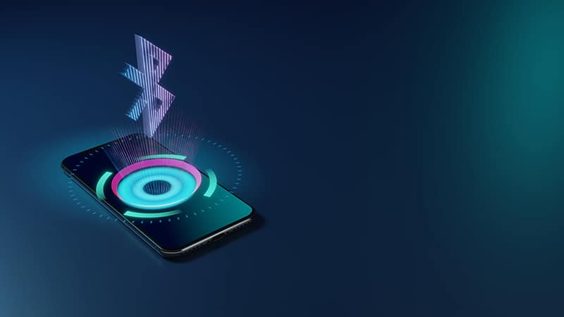 Stylized phone with hovering Bluetooth symbol.