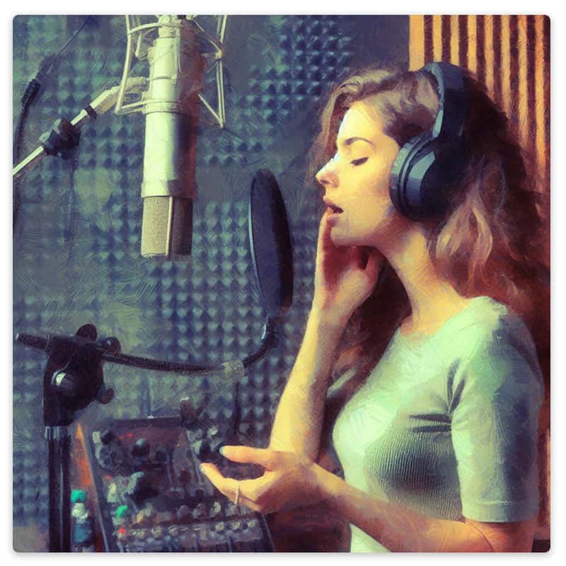 Woman singing in front of a microphone in a recording studio.
