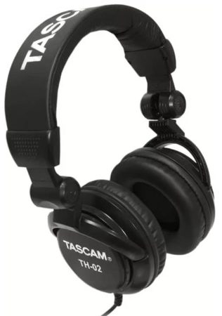 Three quarter view of a pair of Tascam TH-02 DJ headphones