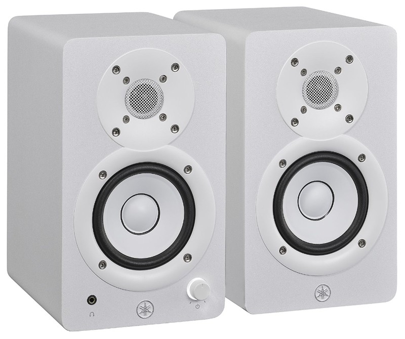 Three-quarter view of a pair of white Yamaha HS3 studio monitors.