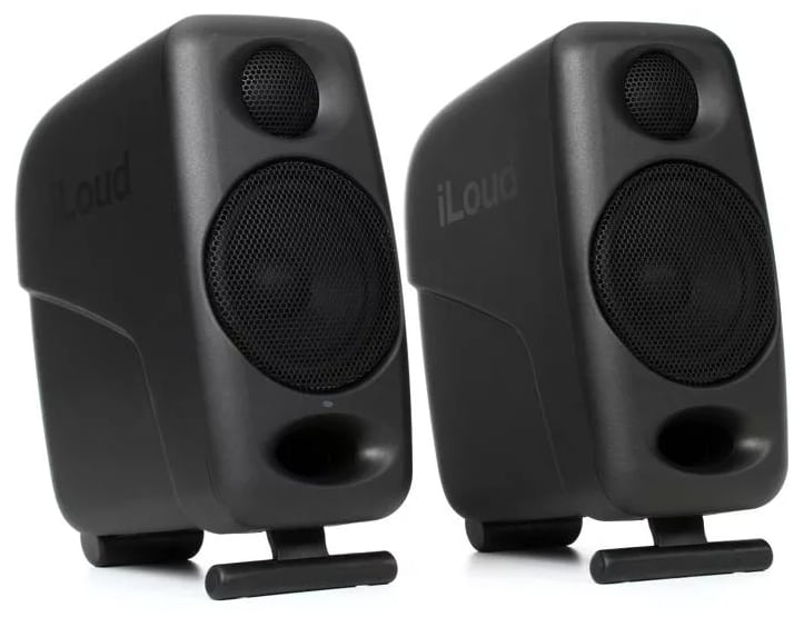 Three quarter view of the IK Multimedia iLoud Micro speakers