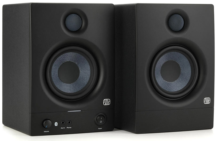 Three-quarter view of the PreSonus Eris 4.5BT studio monitors.