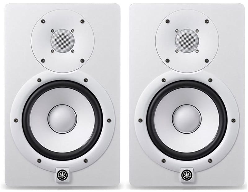 Front view of the white Yamaha HS5 studio monitors
