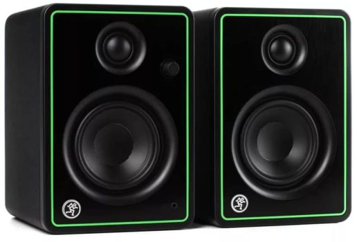 Three quarter view of a pair of Mackie CR4-X studio monitors.
