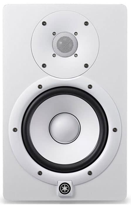 Front view of the white Yamaha HS8 studio monitor