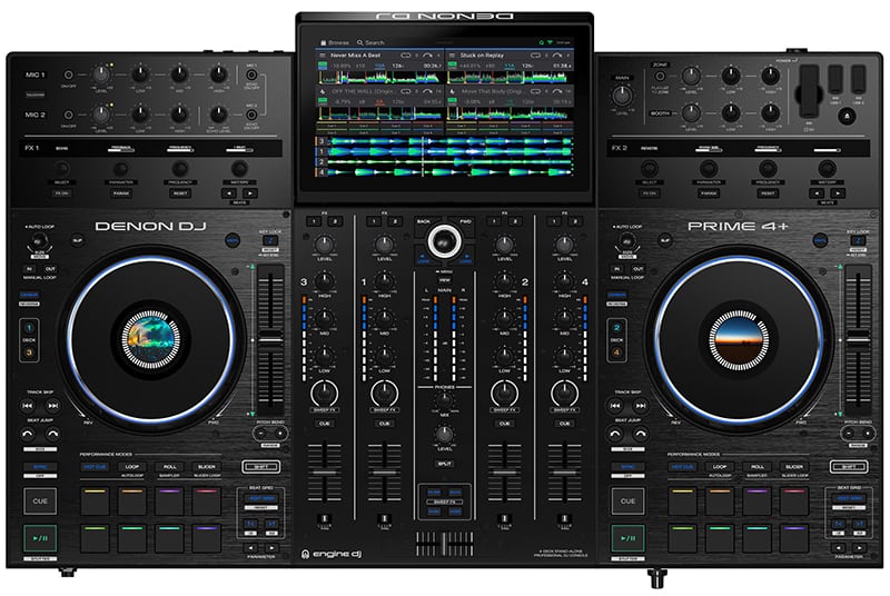 Top view of the Denon Prime 4 Plus DJ controller.