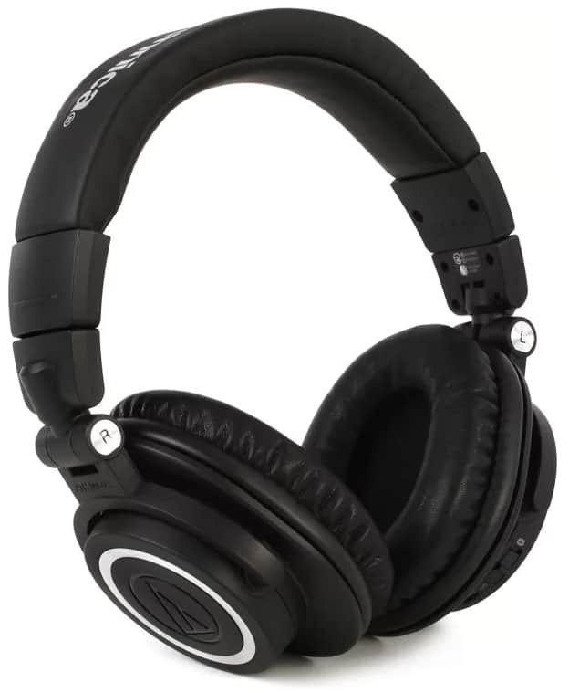 Three quarter view of a pair of Audio-Technica ATH-M50XBT headphones