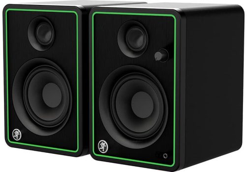 Three quarter view of a pair of Mackie CR4-XBT studio monitors.