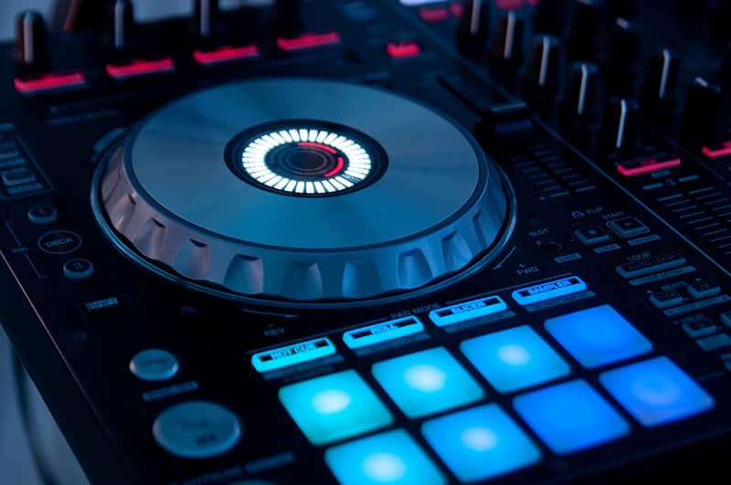 Close-up of a jog wheel on a DJ controller.