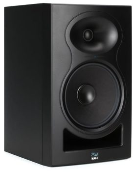Three quarter view of the Kali Audio LP-8 V2 studio monitor.