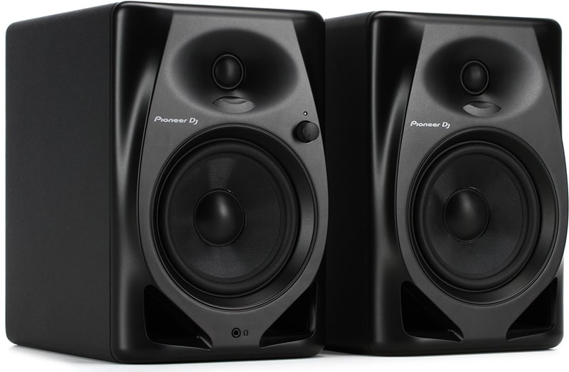 Three quarter view of a pair of Pioneer DM-50D studio monitors.