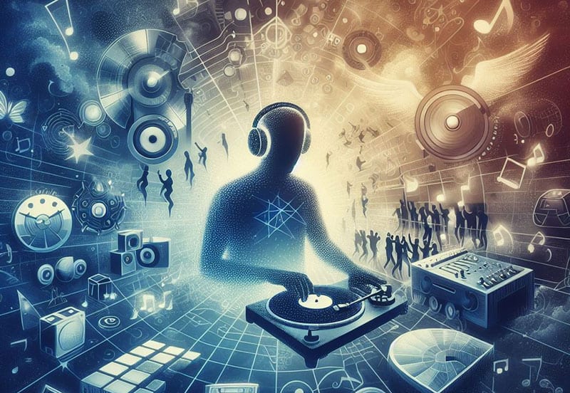 Stylized image of a DJ and music.