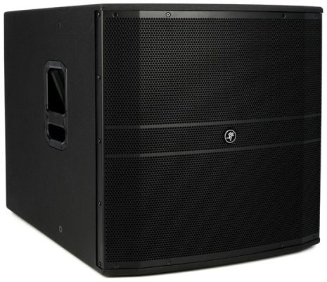 Three-quarter view of the Mackie DRM18S-P PA subwoofer.