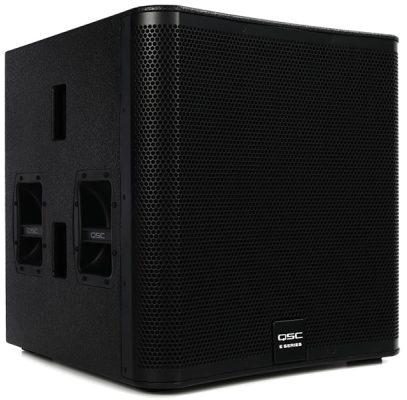 Three-quarter view of the QSC E118SW PA subwoofer.