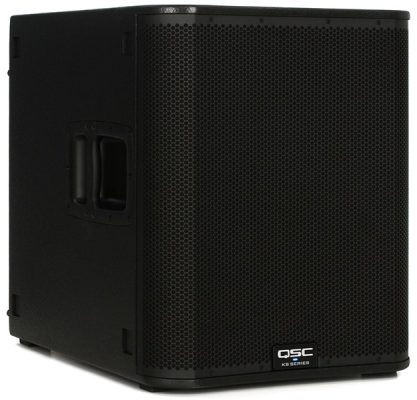 Three-quarter view of the QSC KS118 PA subwoofer.