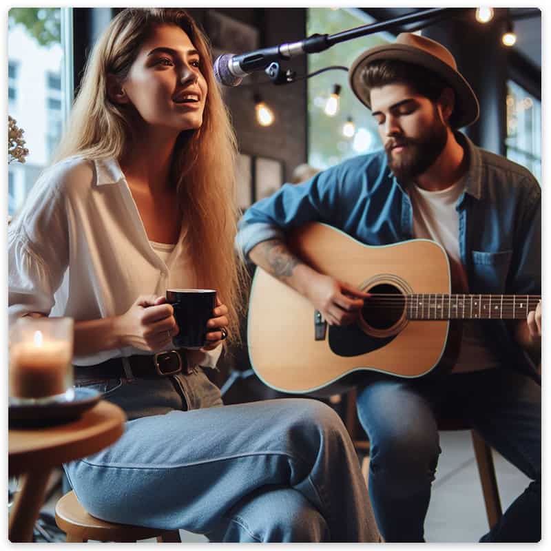 A man and woman performing at a coffee shop.