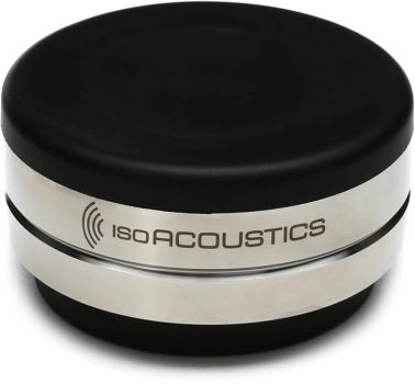 Three quarter view of the IsoAcoustics OREA isolation disc.