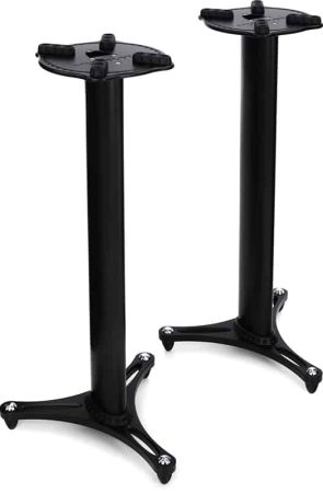 Three quarter view of the Ultimate Support MS-90/36B studio monitor stands.